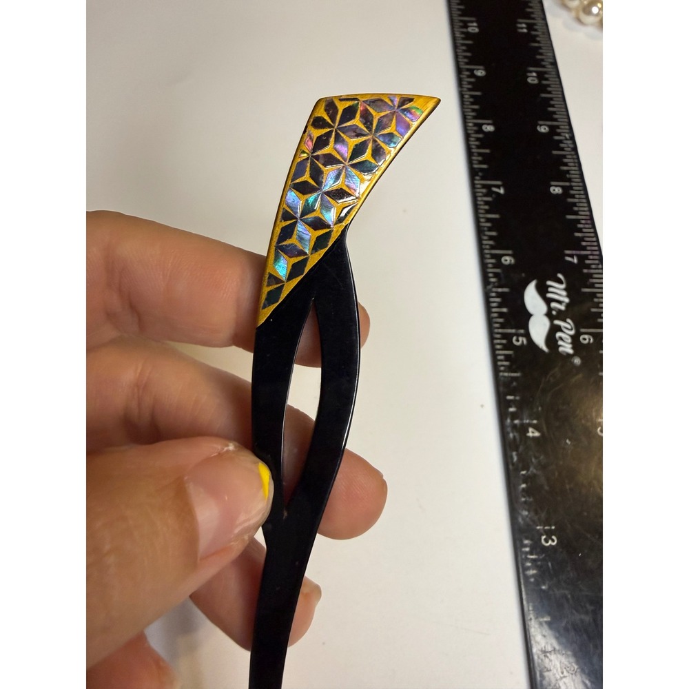 Japanese Style Hair Stick Abalone Shell Geometric Inlay Black Gold Hair Pin